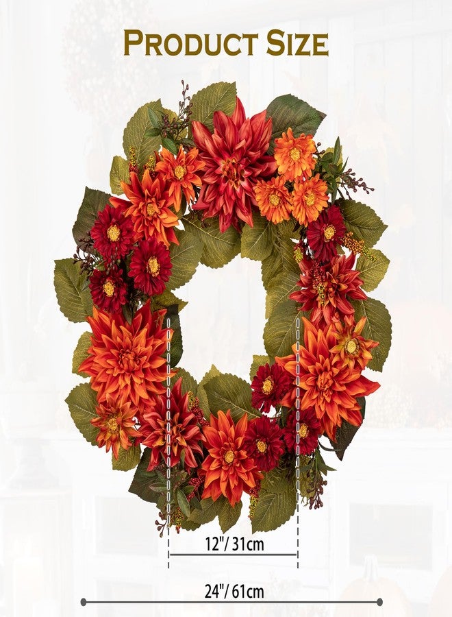 Arborus 24" Artificial Christmas Wreath for Front Door Flower Wreath with Burgundy Dahlia and Mums Christmas Decorations for Home Farmhouse Wall Mantel Décor - Image 3