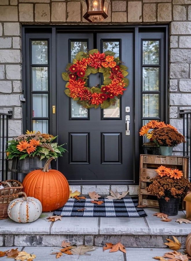 Arborus 24" Artificial Christmas Wreath for Front Door Flower Wreath with Burgundy Dahlia and Mums Christmas Decorations for Home Farmhouse Wall Mantel Décor - Image 4