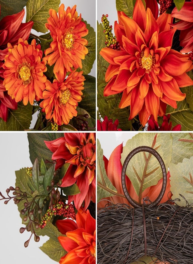 Arborus 24" Artificial Christmas Wreath for Front Door Flower Wreath with Burgundy Dahlia and Mums Christmas Decorations for Home Farmhouse Wall Mantel Décor - Image 2