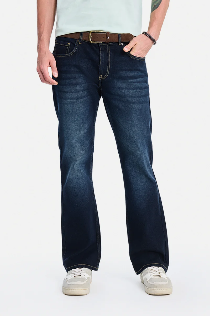 Navy Blue Solid Flared Fit Casual Jeans
