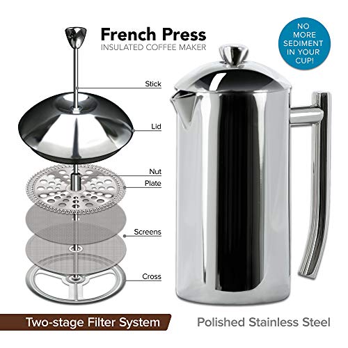 Frieling Double-Walled Stainless Steel French Press Coffee Maker - 36 oz Polished & Insulated Press Pot - Stainless Steel Coffee Maker - Image 2