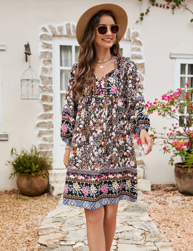 Bluetime Women Casual Summer Dress Boho V Neck 3/4 Sleeve Babydoll Floral Print Flowy Beach Dress (XL, Black) - Image 3