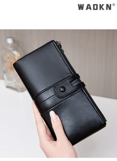 WAOKN Fashionable RFID Anti-theft Women's Long Wallet, Crafted from Oil Wax Leather with Double Zippers Design, Exuding Elegant Style(Black)  - Image 1
