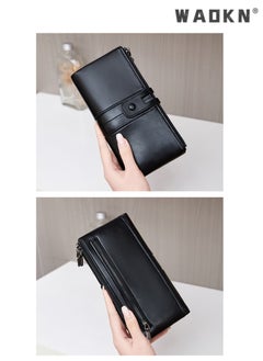 WAOKN Fashionable RFID Anti-theft Women's Long Wallet, Crafted from Oil Wax Leather with Double Zippers Design, Exuding Elegant Style(Black)  - Image 4