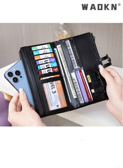 WAOKN Fashionable RFID Anti-theft Women's Long Wallet, Crafted from Oil Wax Leather with Double Zippers Design, Exuding Elegant Style(Black)  - Image 2