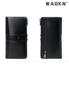 WAOKN Fashionable RFID Anti-theft Women's Long Wallet, Crafted from Oil Wax Leather with Double Zippers Design, Exuding Elegant Style(Black)  - Image 3