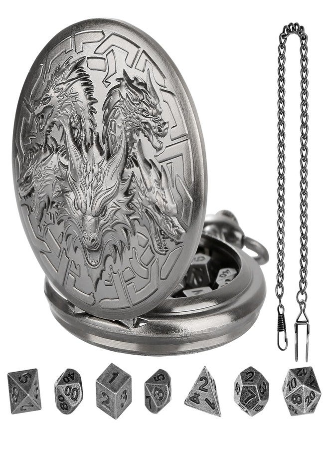 GEAoffice DND Dice Set with Vintage Dragon & Sword Pocket Watch Case, Metal - Image 1