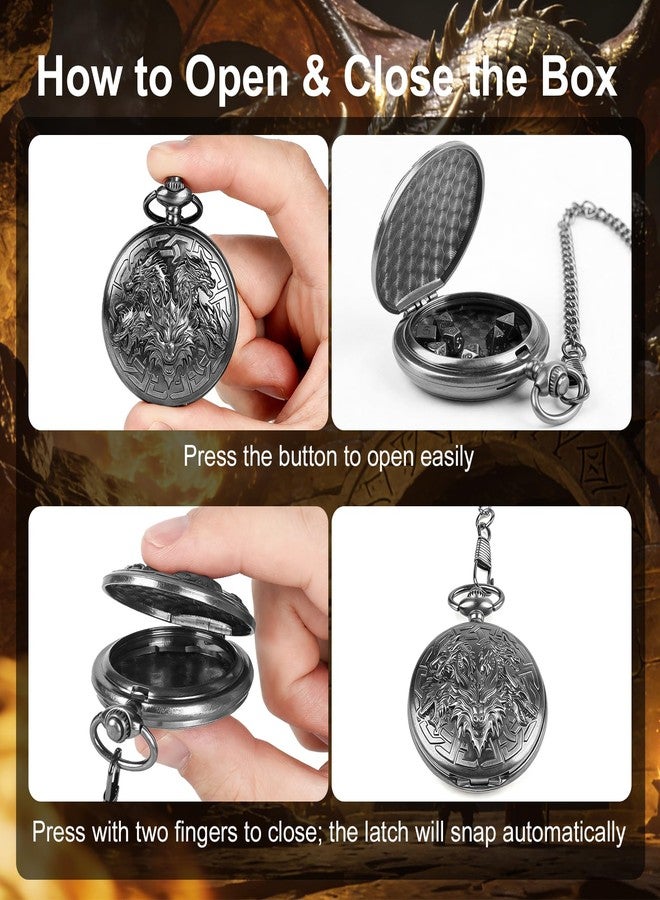GEAoffice DND Dice Set with Vintage Dragon & Sword Pocket Watch Case, Metal - Image 4