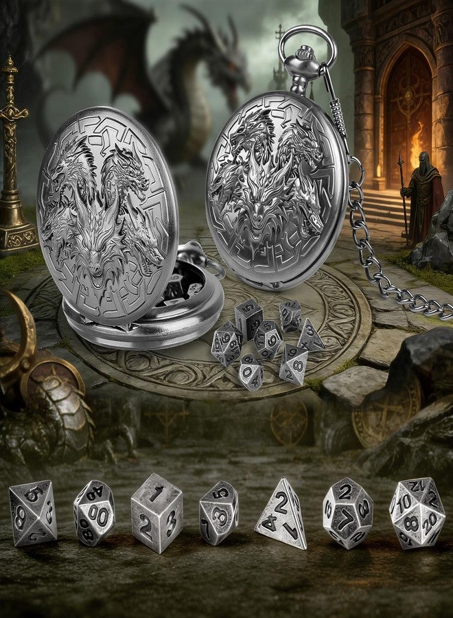GEAoffice DND Dice Set with Vintage Dragon & Sword Pocket Watch Case, Metal - Image 3