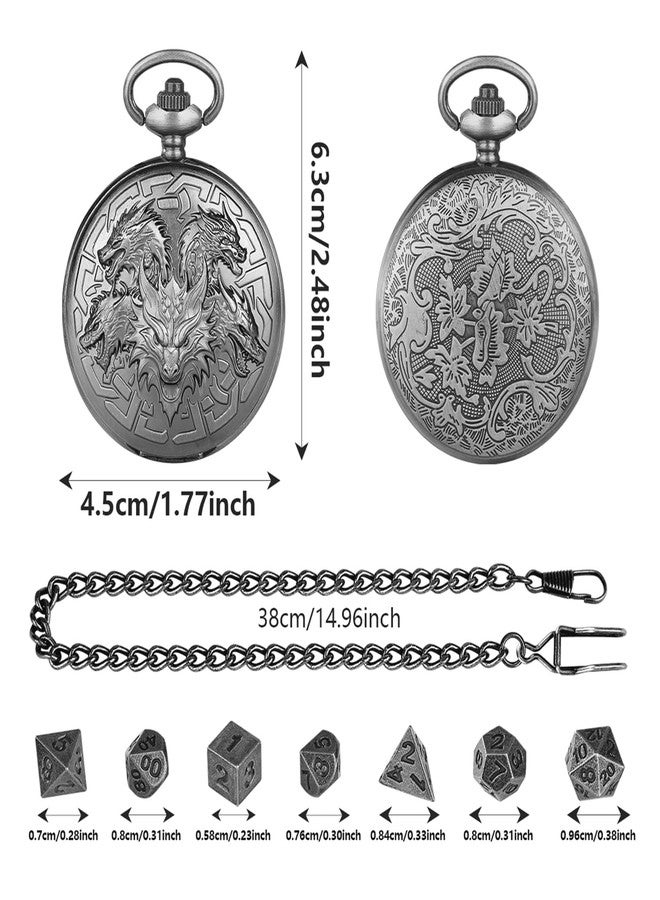 GEAoffice DND Dice Set with Vintage Dragon & Sword Pocket Watch Case, Metal - Image 2