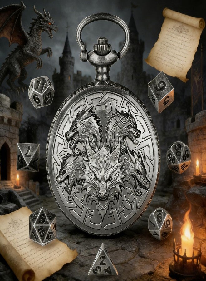 GEAoffice DND Dice Set with Vintage Dragon & Sword Pocket Watch Case, Metal - Image 5