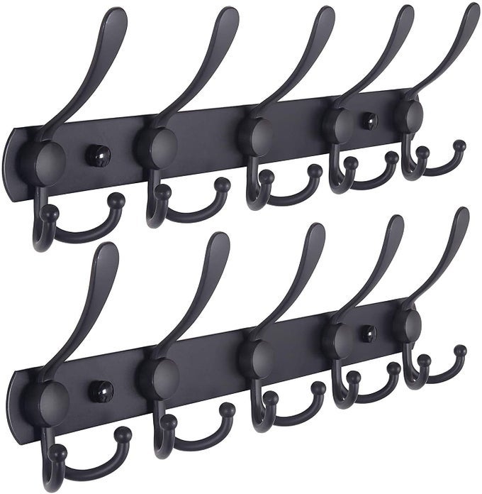 STAINLESS STEEL 5 PIN WITH DOUBLE ALLOY HOOK CLOTH HANGER WALL MOUNTED BATHROOM CLOTH HANGERCLOTH WALL HOOKDOOR HOOKS RAIL FOR HANGING KEYS CLOTHES TOWEL BLACK1PC