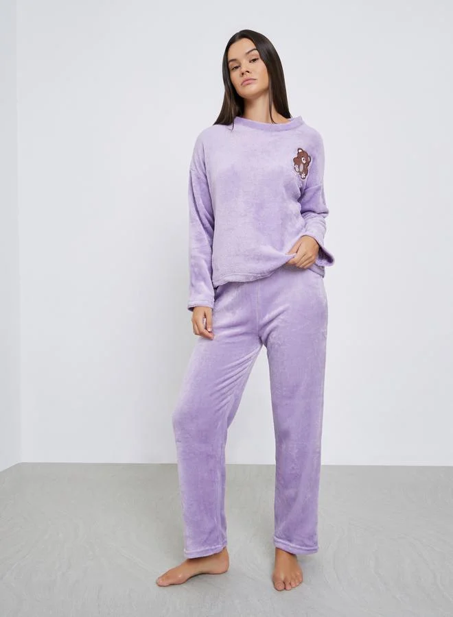 Styli Bear Patch Fleece T-Shirt and Pyjama Set