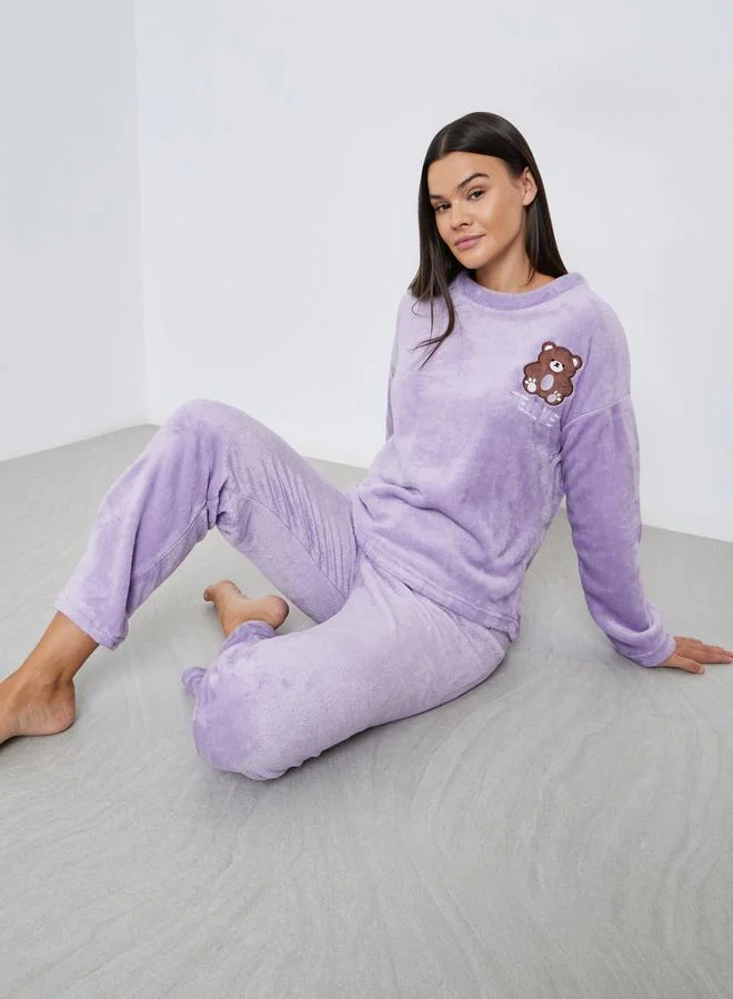 Styli Bear Patch Fleece T-Shirt and Pyjama Set