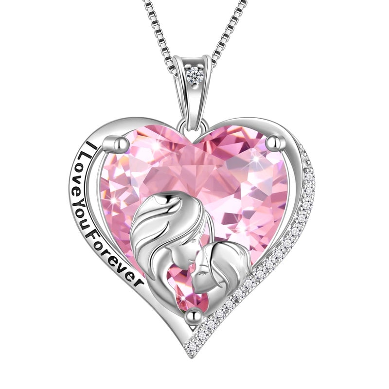 Juwaliy Women Heart Necklace for Mom Daughter 925 Sterling Silver Pink Tourmaline Birthstone Pendant Jewelry October Birthday Christmas Mothers Day Gift for Her - Image 1