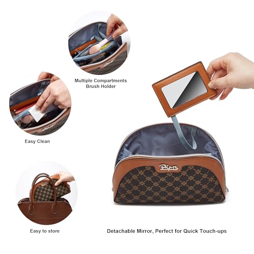 BOYATU Small Travel Makeup Bag for Women: Elegant Vegan Leather Cosmetic Pouch for Purse - Waterproof Toiletry Bag with Mirror(010-coffee) - Image 3