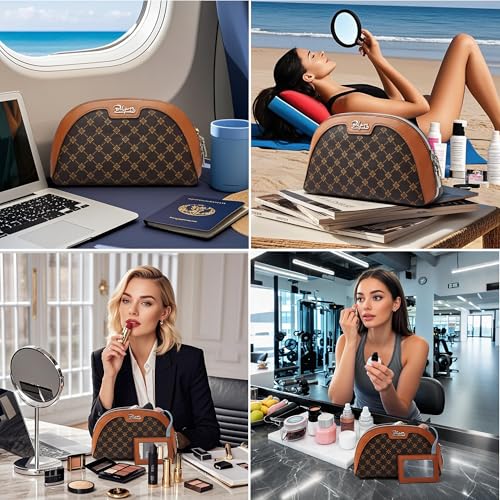 BOYATU Small Travel Makeup Bag for Women: Elegant Vegan Leather Cosmetic Pouch for Purse - Waterproof Toiletry Bag with Mirror(010-coffee) - Image 5