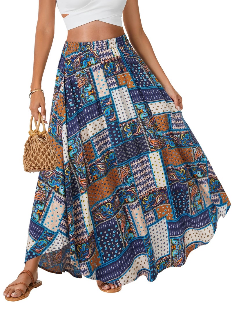 Rooscier Women's Asymmetric Floral Print Ruffle A Line Elastic Waist Boho Flowy Maxi Skirt Multicolor Medium - Image 1