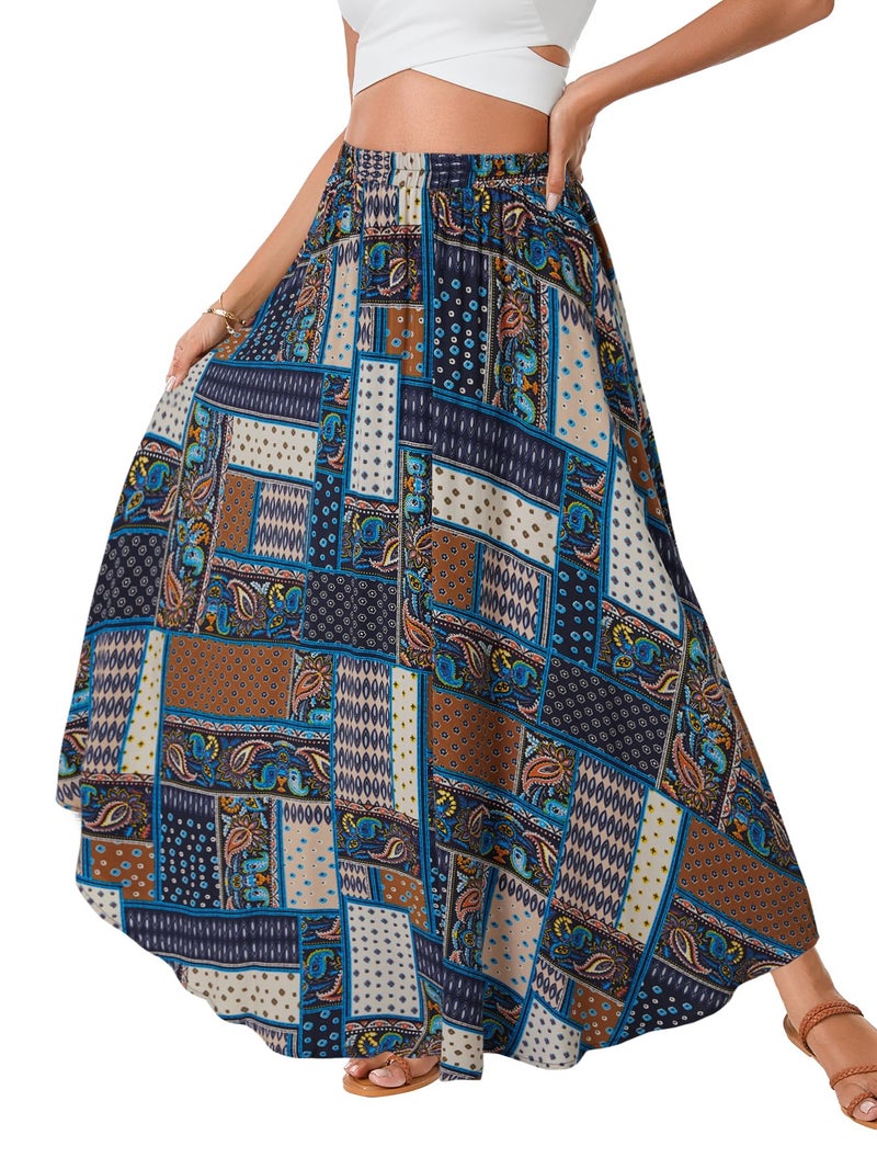 Rooscier Women's Asymmetric Floral Print Ruffle A Line Elastic Waist Boho Flowy Maxi Skirt Multicolor Medium - Image 3