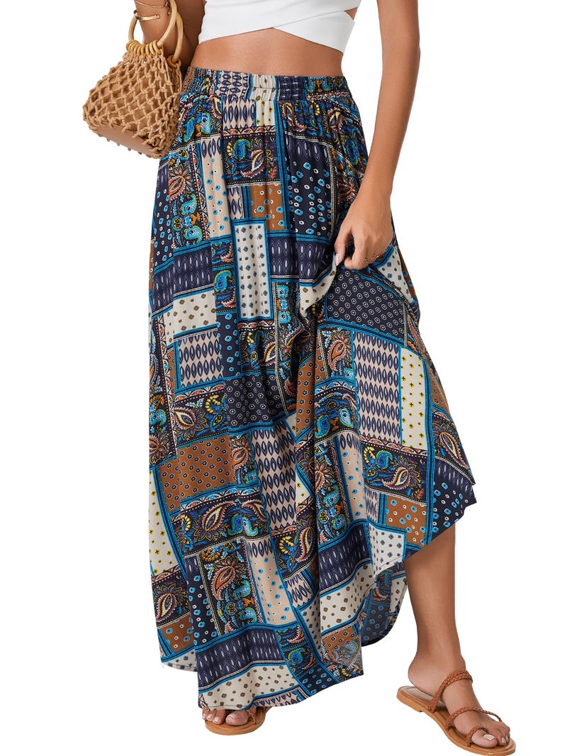 Rooscier Women's Asymmetric Floral Print Ruffle A Line Elastic Waist Boho Flowy Maxi Skirt Multicolor Medium - Image 2