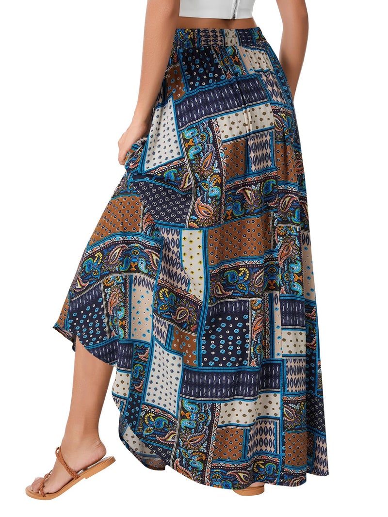 Rooscier Women's Asymmetric Floral Print Ruffle A Line Elastic Waist Boho Flowy Maxi Skirt Multicolor Medium - Image 5