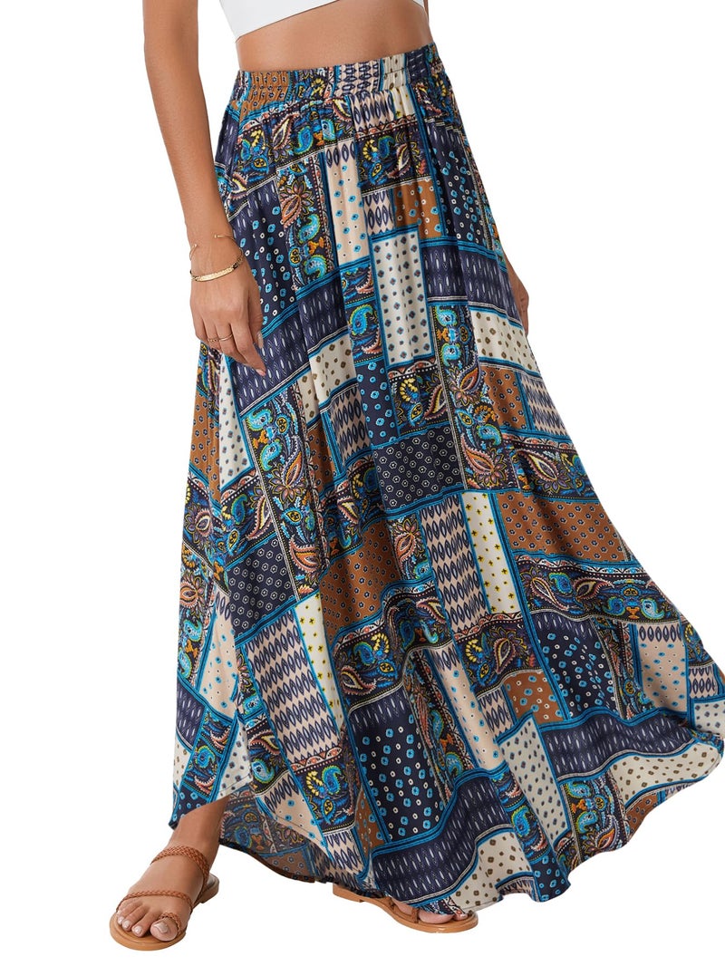 Rooscier Women's Asymmetric Floral Print Ruffle A Line Elastic Waist Boho Flowy Maxi Skirt Multicolor Medium - Image 4