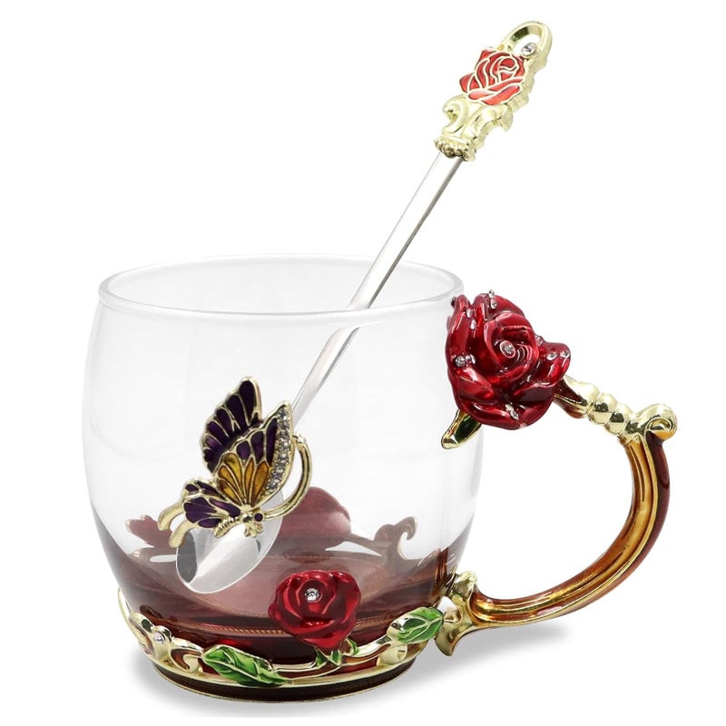 VANUODA Enamels Butterfly Flower Tea Cup Glass Coffee Mugs with Spoon Gifts for Birthday Valentines Mothers Day Graduation Christmas Presents for Women Wife Mom Her Grandma Girls Teacher Friends
