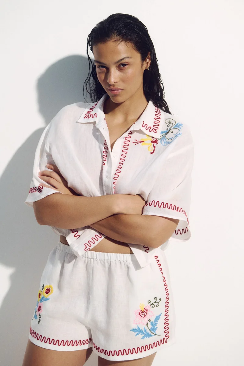 H&M Embroidered linen beach shirt