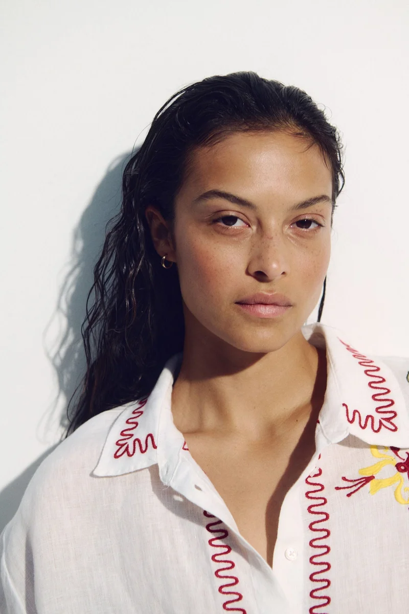 H&M Embroidered linen beach shirt