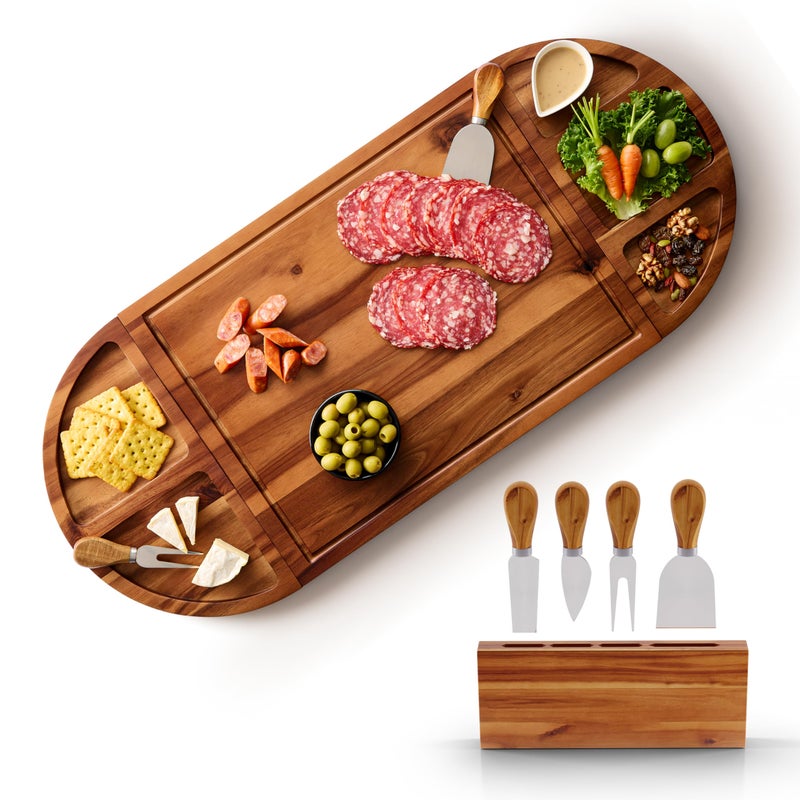 Tidita TIDITA 30 inch Large Acacia Wood Charcuterie Board with 4 Knives Set Magnetic  3 Parts Wooden Round Tray for Cheese  Long Appetizer Board for Serving Food Platter Cracker Snack 