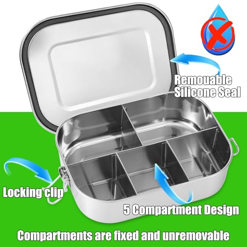 UPTRUST Stainless Steel Bento Lunch Food Box Container, 5-Compartment Large 1400ML Metal Bento Lunch Box Container for Kids or Adults with Lockable Clips to Leak Proof - Image 3
