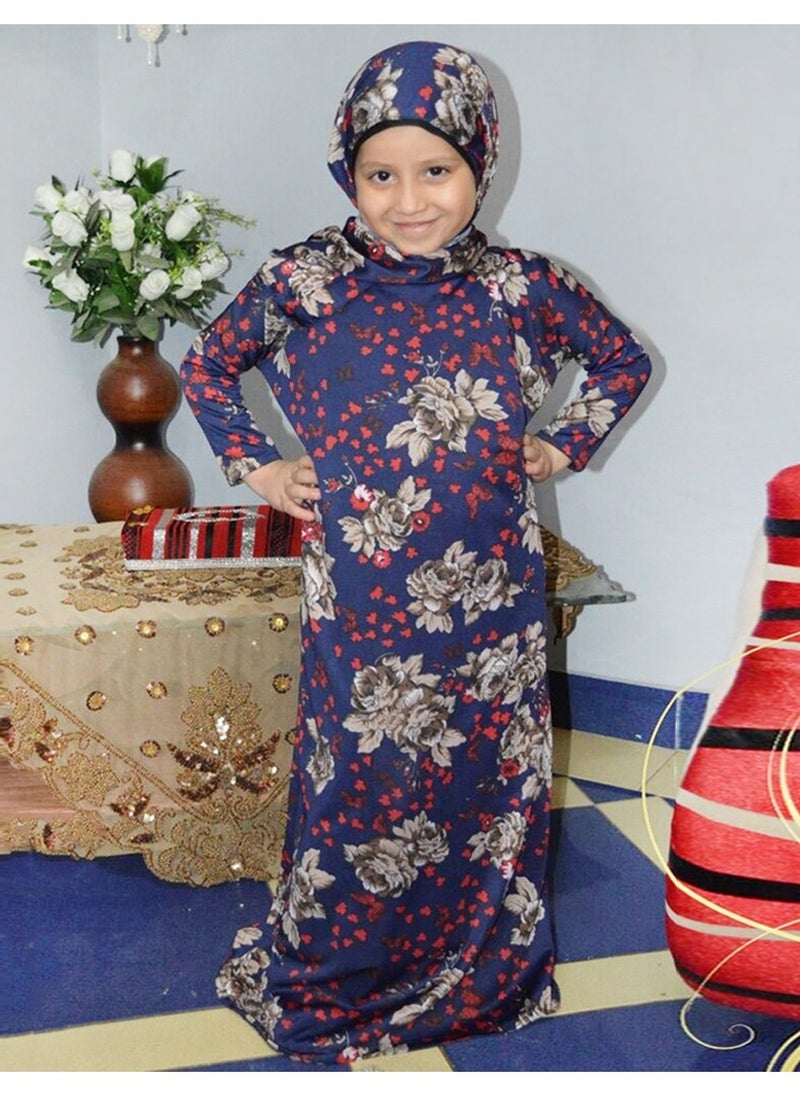 FULL JOY - Girls' Prayer Dress Made Of Viscose Cotton With A Veil Decorated With a Floral Pattern ,Purple - Image 1