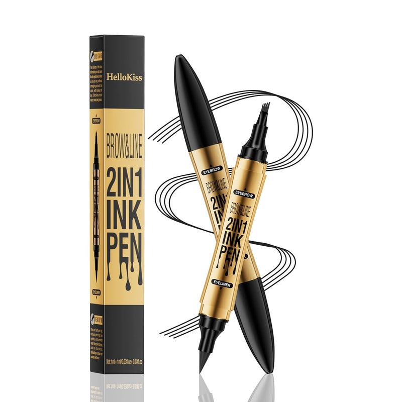QIC QIC 2 in 1 Microblading Eyebrow Pen with Eyeliner Pencil3D Waterproof Magic Eyebrow Pencil with 4 Fork Tip Multifunctional Double Head Microblade Eyebrow Pencil Waterproof and LongLasting Black 