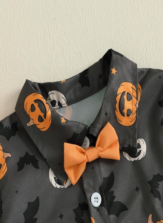 Rtnnsbbfcm Toddler Baby Boy Halloween Outfit Short Sleeve Bow Tie Pumpkin Ghost Button Down Shirt Top Shorts 2Pcs Set (Black Orange, 6-12 Months) - Image 4