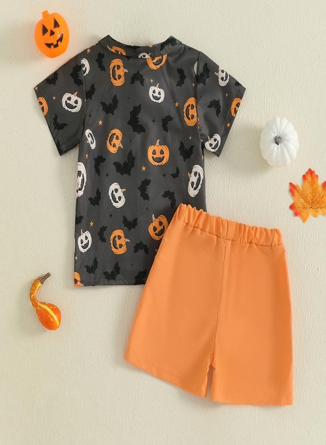 Rtnnsbbfcm Toddler Baby Boy Halloween Outfit Short Sleeve Bow Tie Pumpkin Ghost Button Down Shirt Top Shorts 2Pcs Set (Black Orange, 6-12 Months) - Image 3