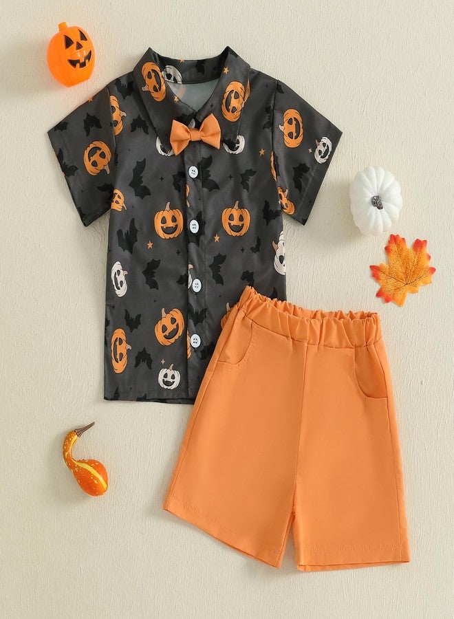 Rtnnsbbfcm Toddler Baby Boy Halloween Outfit Short Sleeve Bow Tie Pumpkin Ghost Button Down Shirt Top Shorts 2Pcs Set (Black Orange, 6-12 Months) - Image 2