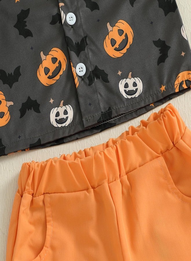 Rtnnsbbfcm Toddler Baby Boy Halloween Outfit Short Sleeve Bow Tie Pumpkin Ghost Button Down Shirt Top Shorts 2Pcs Set (Black Orange, 6-12 Months) - Image 5