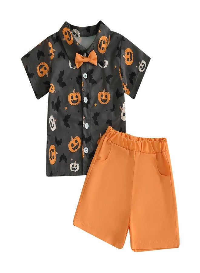 Rtnnsbbfcm Toddler Baby Boy Halloween Outfit Short Sleeve Bow Tie Pumpkin Ghost Button Down Shirt Top Shorts 2Pcs Set (Black Orange, 6-12 Months) - Image 1