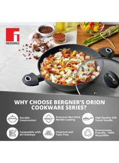 BERGNER Bergner Orion NonStick 24 cm Shallow Kadai, Glass Lid, 2.3 L Capacity, 100% Recyclable, for Braising/Simmering, Textured Soft Touch Handles, Granite Finish, Induction & Gas Ready  - Image 4