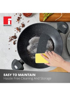 BERGNER Bergner Orion NonStick 24 cm Shallow Kadai, Glass Lid, 2.3 L Capacity, 100% Recyclable, for Braising/Simmering, Textured Soft Touch Handles, Granite Finish, Induction & Gas Ready  - Image 5