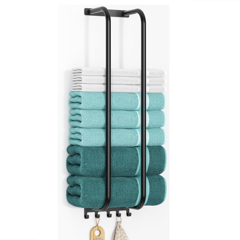 jockcaras Towel Rack Bathroom Wall Holder 279 Inch Wall Mounted Shower Organizer for Rolled Towel Storage 2 Metal Racks Plus Extra 5 Hooks for Modern Small Space Bathroom RV Campers Matte Black - Image 2