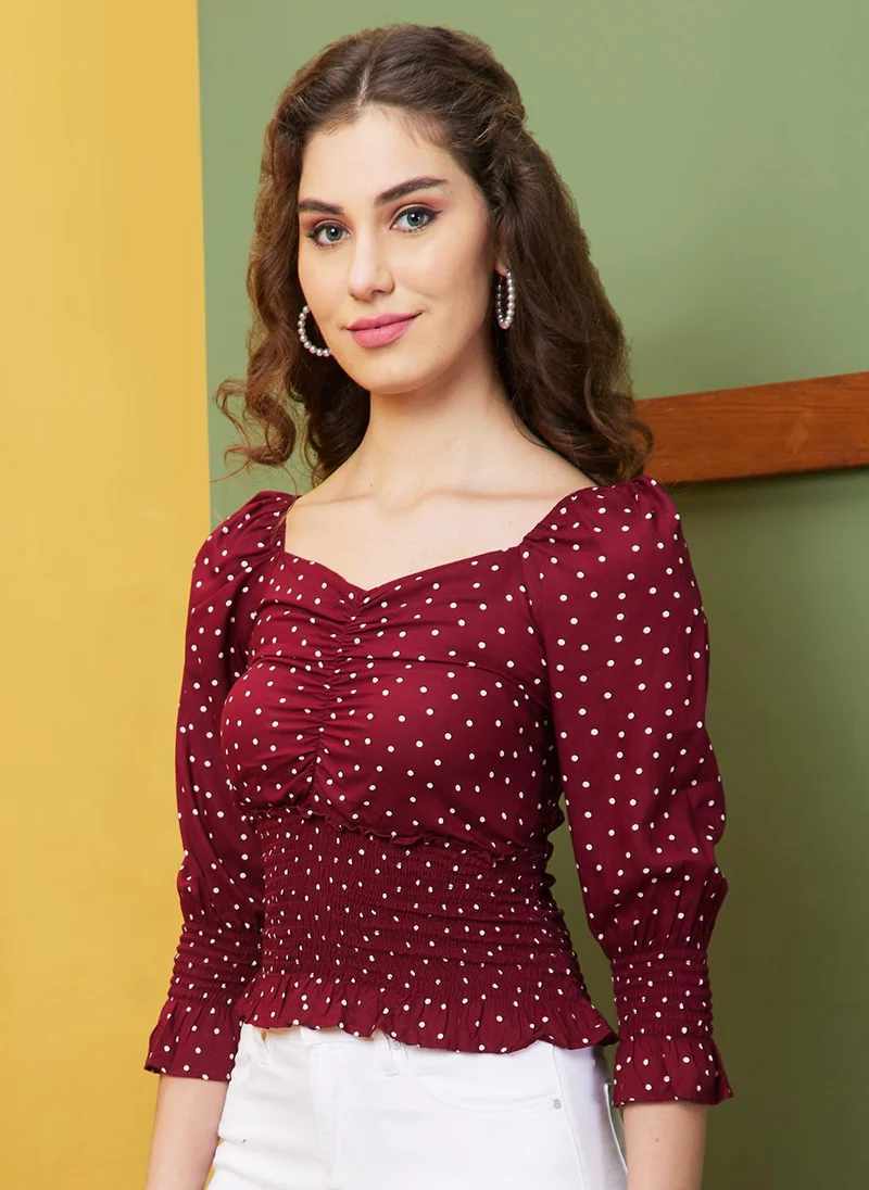 globus Globus Women Polka Dots Printed Frilled & Cinched Top