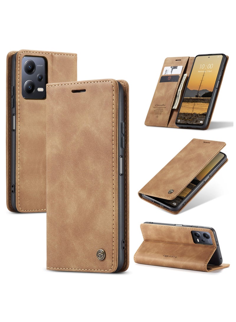 CaseMe RedMi Note 12 5G /XiaoMi Poco X5  5G Case Wallet Case Book Folding Flip Folio Case with Magnetic Kickstand Card Slots Protective Cover - Brown - Image 1