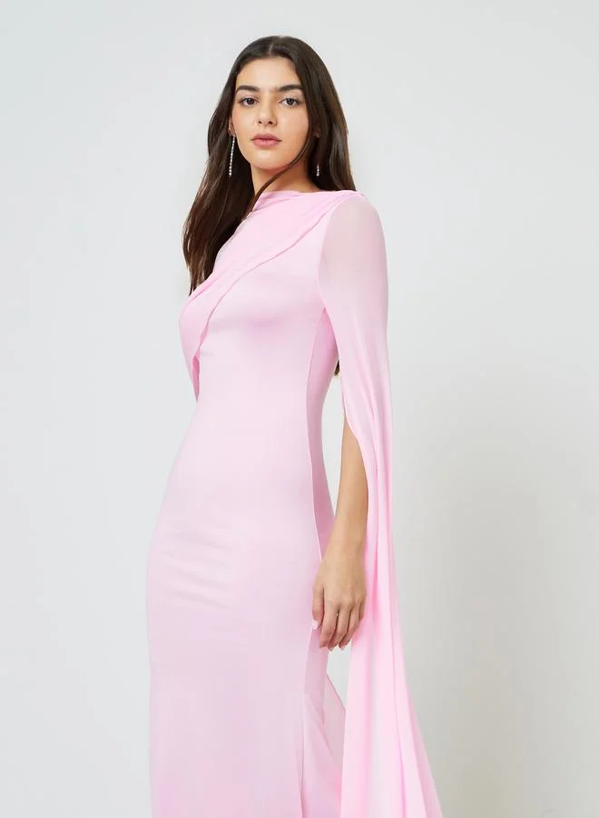 Take Two Pink Solid Drape Sleeves Sheath Maxi Dress