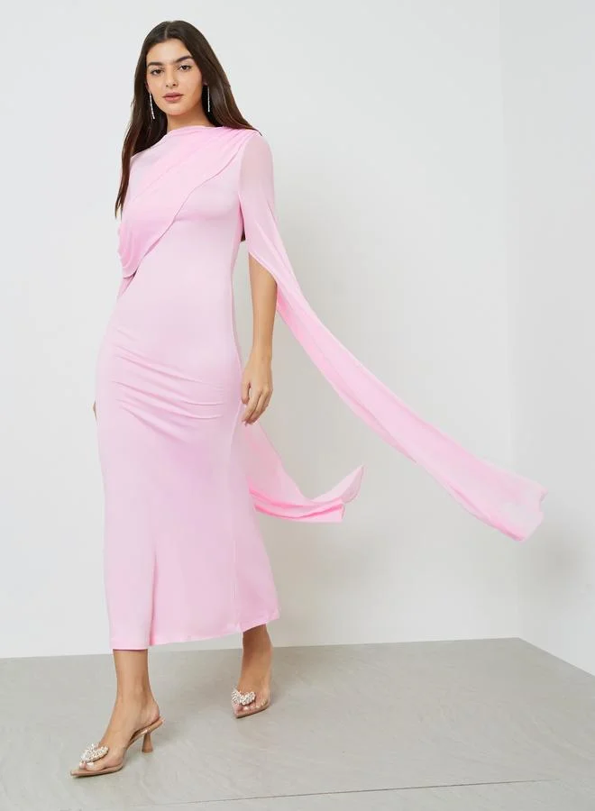 Take Two Pink Solid Drape Sleeves Sheath Maxi Dress