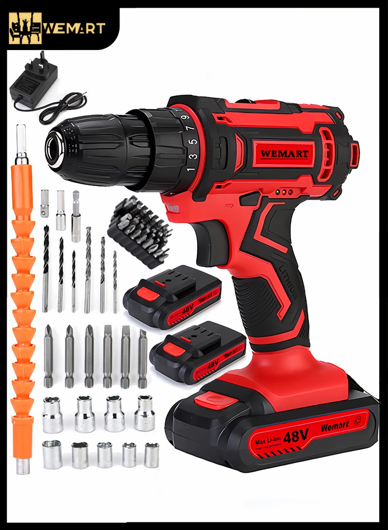48V Variable Speed ​​Drive Drill, 25+3 Position Clutch, 186 lbs Max Torque, Two Li-Ion Batteries and Fast Charger, 3/8" Drill Kit, LED Work Light, 24 Accessories + 32 Box, Red  - Image 1