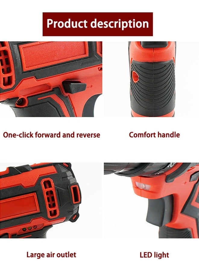 48V Variable Speed ​​Drive Drill, 25+3 Position Clutch, 186 lbs Max Torque, Two Li-Ion Batteries and Fast Charger, 3/8" Drill Kit, LED Work Light, 24 Accessories + 32 Box, Red  - Image 2