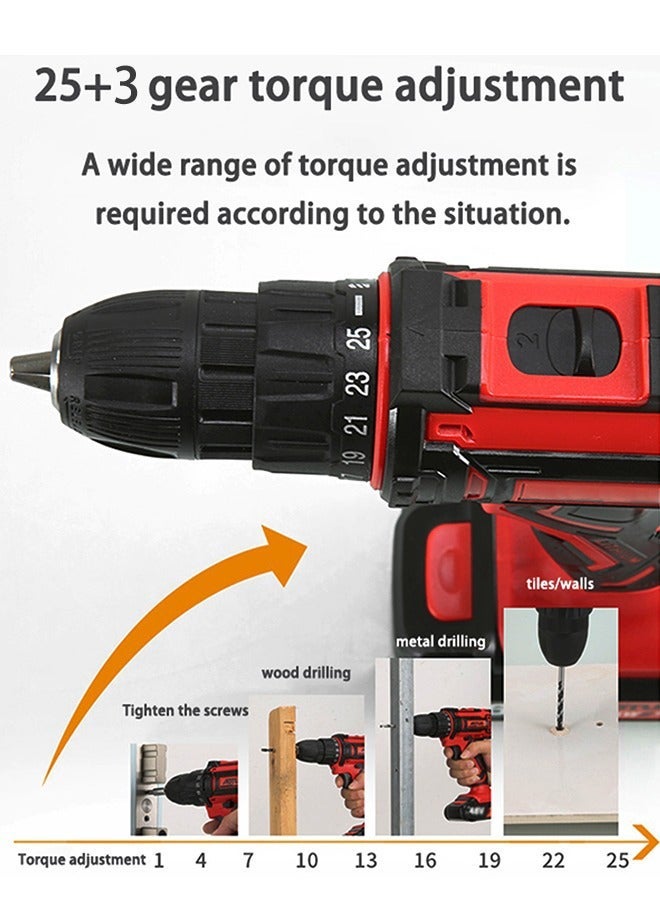 48V Variable Speed ​​Drive Drill, 25+3 Position Clutch, 186 lbs Max Torque, Two Li-Ion Batteries and Fast Charger, 3/8" Drill Kit, LED Work Light, 24 Accessories + 32 Box, Red  - Image 4