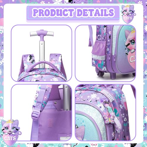 Meetbelify Cute Cat Girls Rolling Backpack with Wheels Kids Luggage for Elementary Students Trolley Trip Carry On Bag for Girls Ages 6-8 - Image 4