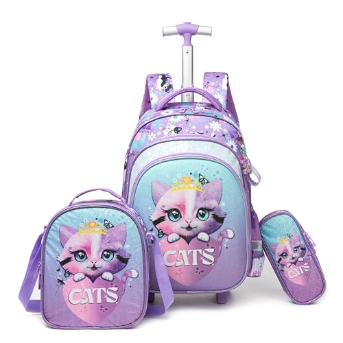 Meetbelify Cute Cat Girls Rolling Backpack with Wheels Kids Luggage for Elementary Students Trolley Trip Carry On Bag for Girls Ages 6-8 - Image 1